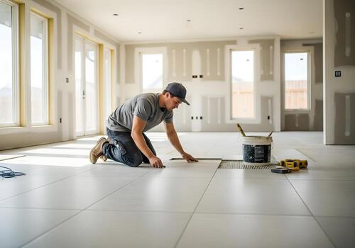 a man is laying tile in a room photo