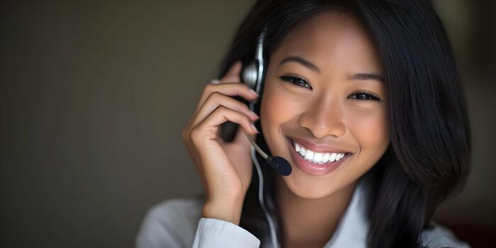 a smiling young woman wearing a headset offers professional customer service photo