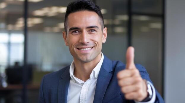 smiling businessman gives a thumbs up in modern office setting photo