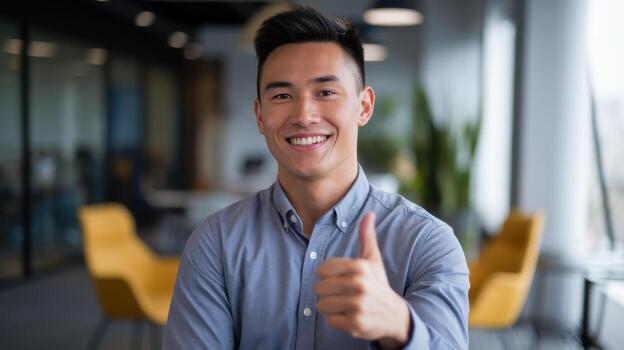 smiling young man gives a thumbs up in a bright modern office photo