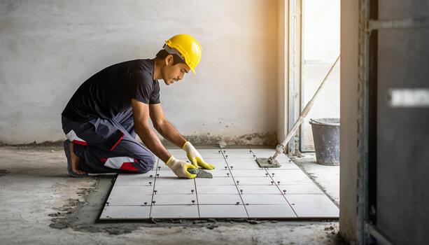 tile installation professional contractor installing floor tiles with spacers and cement trowel photo